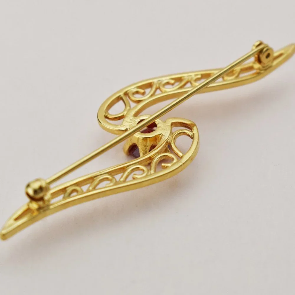 Red crystal brooch gold tone, small fancy rhinestone brooch